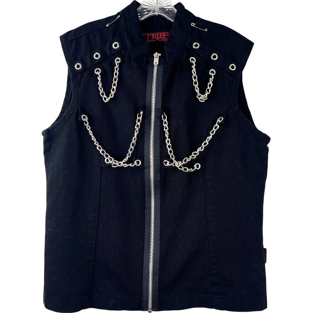 Tripp NYC Vintage Black Chain Studded Sleeveless Vest Goth Emo Full Zip Size L